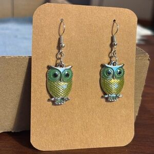 Silver and Green Owl Dangle Earrings